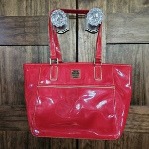 Dooney Bourke Lipstick Red Salem Patent Leather Gold Stich Tote Shoulder Purse